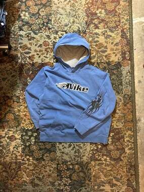 Vintage Nike Y2K Blue Flame Embroidered Pullover Hoodie Youth XL